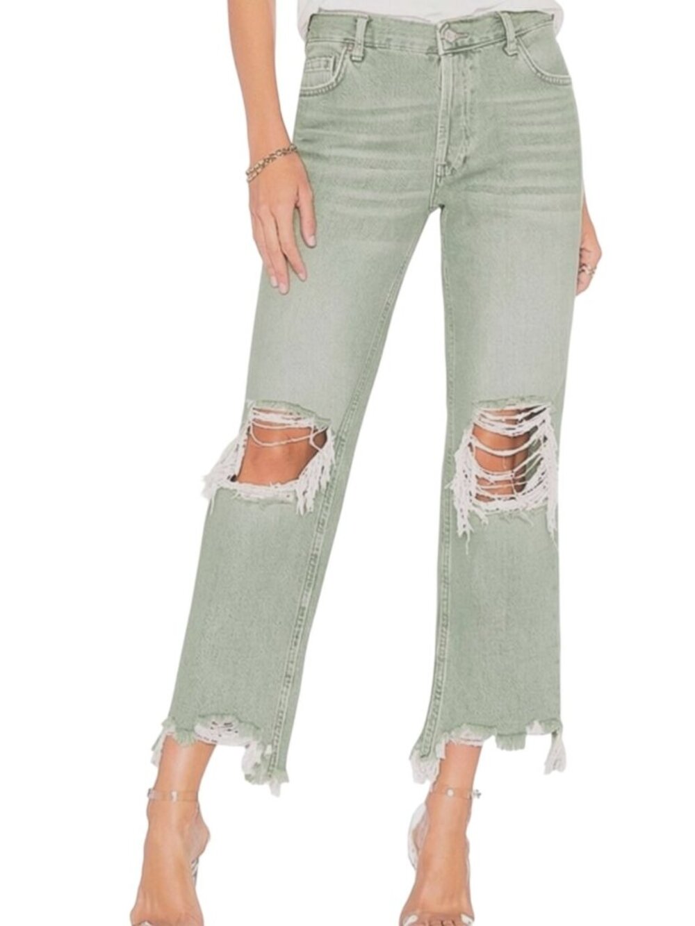 We The Free Maggie Green Ripped Holes Distressed Crop Ankle Jeans Sz 30 Mid Rise